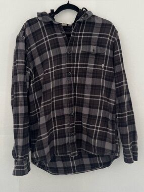 Vans Men's Black & Gray Plaid Button-Down Hooded Shirt